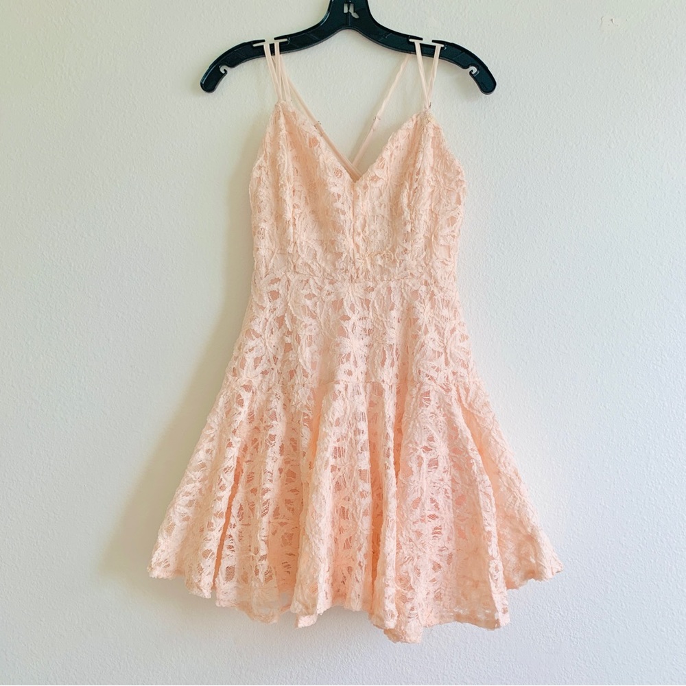 Lace Overlay Criss Cross Spaghetti Strap Tulle Fit & Flare Mini Dress